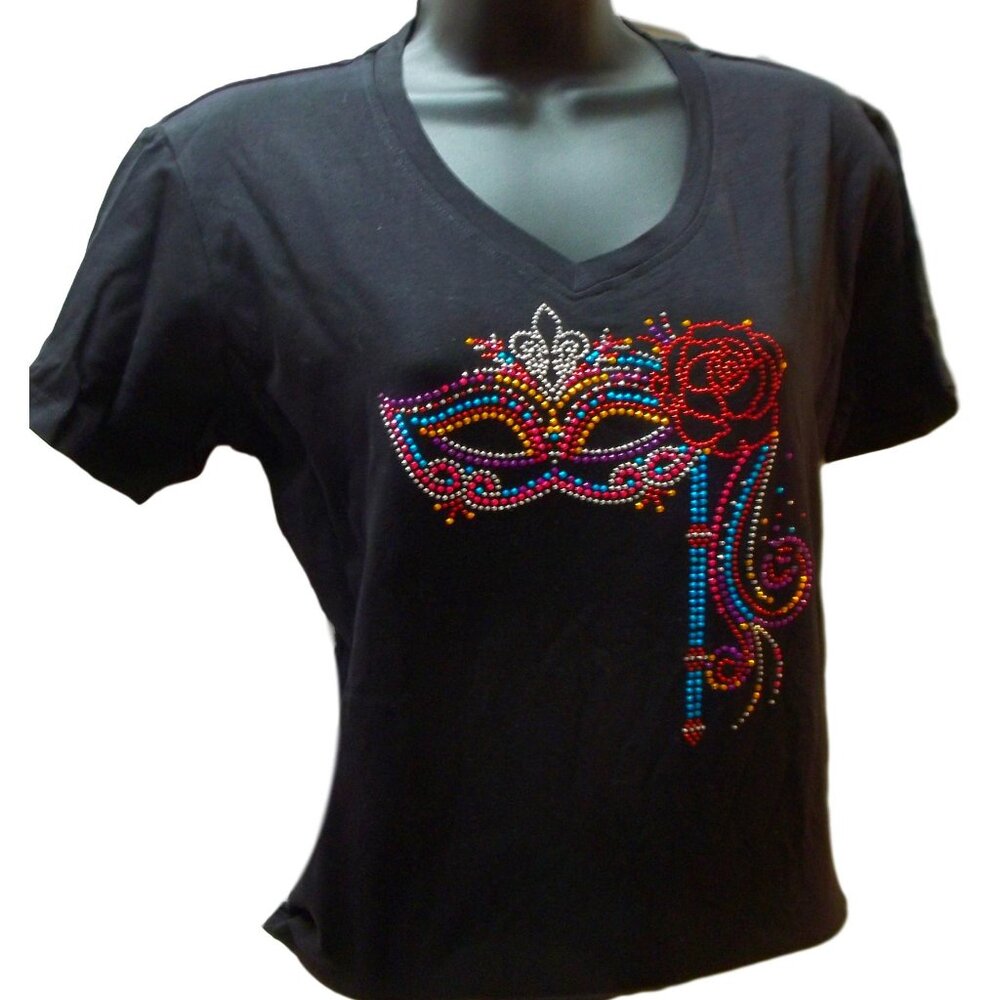 Black V Neck Knit Short Sleeve T Shirt Adult Rose Mask Bling Applique S,M,L,XL
